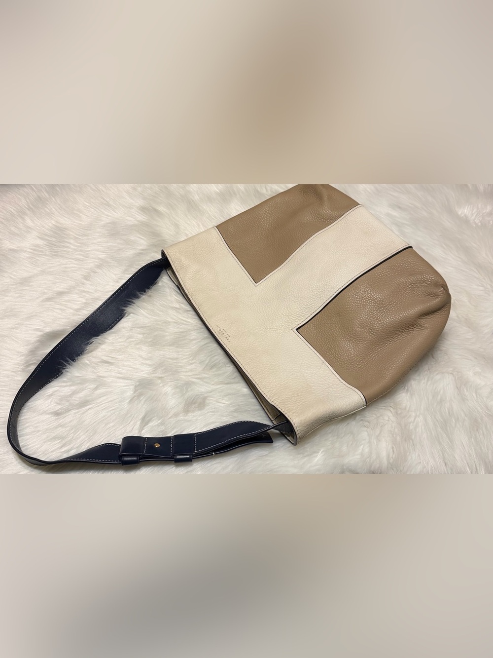 Tory Burch Block T Two-Tone Cream & Tan Leather Shoulder Bag with Navy Strap